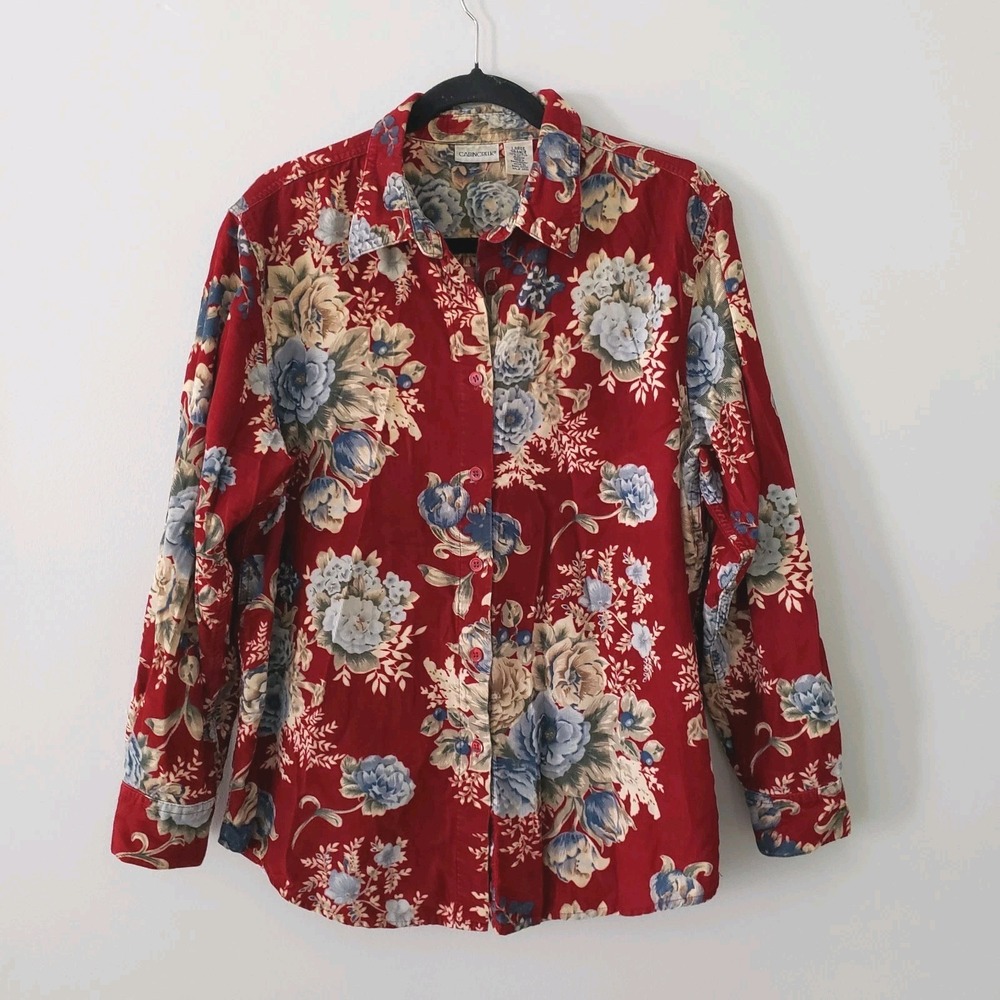 Vintage Cabin Creek Womens Floral Corduroy Top Size L Cottagecore 90s Button Up